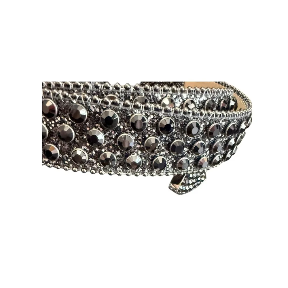 Western Rhinestone Glitter Belt Black Silver Studded Bling 48 Inch Large Buckle